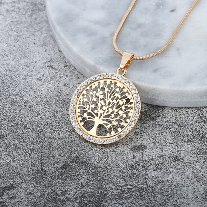 Tree of Life Crystal Round Small Pendant Necklace Gold Silver Colors