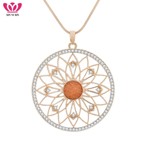 Ethnic Big Gold Round Pendant Necklace for Women Vintage Hollow Flower